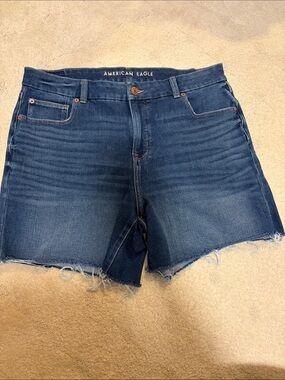 American Eagle Outfitters Blue Denim Frayed Hem Cutoff Shorts Curvy Midi Size 16